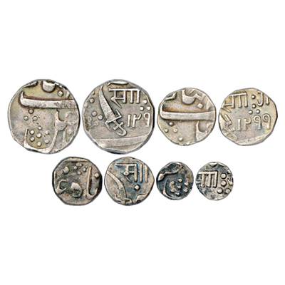 Baroda, Sayaji Rao III (1875-1938 AD), Set of 4 Silver Coins, Rupee, AH 129x, ½ Rupee AH 1