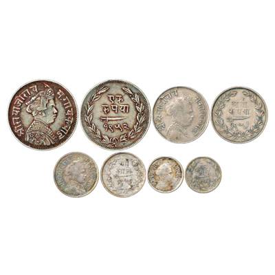 Baroda, Sayaji Rao III (1875-1938 AD), Set of 4 Silver Coins, Rupee, VS 1952, ½ Rupee, VS 