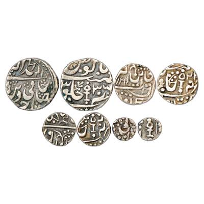 Datia, Set of 4 Silver Coins, 1 Rupee, ½ Rupee, ¼ Rupee and 1/8 Rupee, in the name of Shah