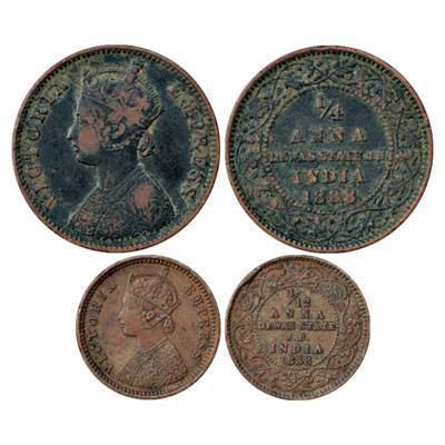 Dewas, Junior Branch, Copper Coin (2), ¼ Anna and 1/12 Anna, 1888. Obv: Portrait bust of V
