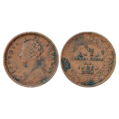 Dewas, Senior Branch, Copper 1/12 Anna, 1888. Obv: Portrait bust of Victoria Empress. Rev: