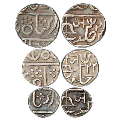 Gwalior, Jankoji Rao (1827-1843 AD), Set of 3 Silver Coins, Rupee, ½ Rupee and ¼ Rupee, La