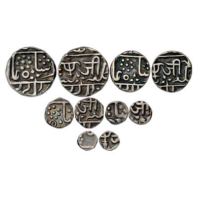 Gwalior, Jayaji Rao (1843-1886 AD), Set of 5 Silver Coins, 1 Rupee, ½ Rupee, ¼ Rupee, 1/8 