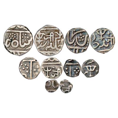 Gwalior, Jayaji Rao (1843-1886 AD), Set of 5 Silver Coins, Rupee, ½ Rupee (Gwalior Fort Mi