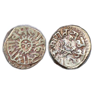 Indore, Tukoji Rao II (1844-1886 AD), Silver Rupee, AH 1289. Obv: Sun face and legend Shri