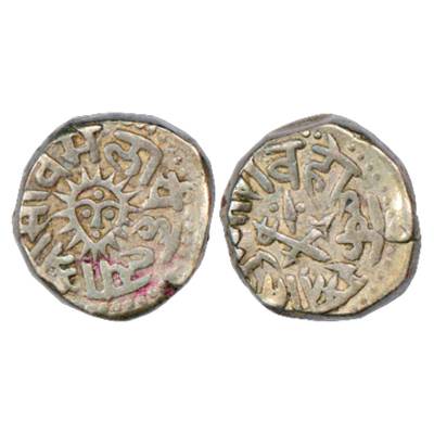 Indore, Tukoji Rao II (1844-1886 AD), Silver Rupee, ND. Obv: Sun face and legend Shri Samb