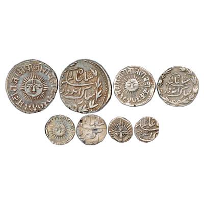 Indore, Shivaji Rao (1886-1903 AD), Set of 4 Silver Coins, Large Sun type, Rupee, ½ Rupee,