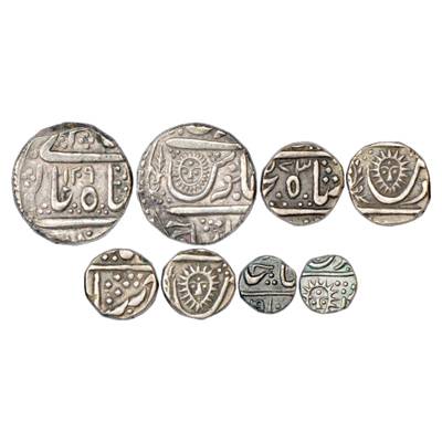 Indore, Silver Coins (4) , Malharnagar Mint, Rupee, ½ Rupee, ¼ Rupee and 1/8 Rupee, in the