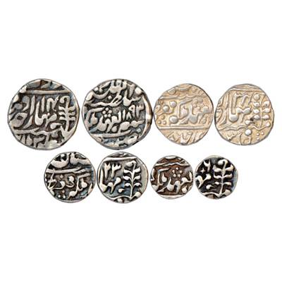 Jaipur, Set of 4 Silver Coins, 1 Rupee, AD 1893, ½ Rupee, RY 34, ¼ Rupee, RY 23 and 1/8 Ru