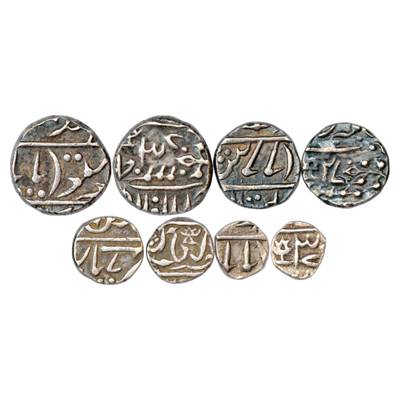 Jhalawar, Madan Shahi Series, Set of 4 Silver Coins, 1 Rupee, ½ Rupee, ¼ Rupee and 1/8 Rup