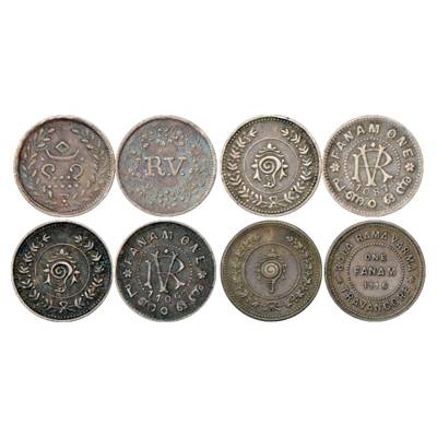Travancore, Silver Fanam (4), 1 x Velli Fanam, 1x ME 1087, 1 x ME 1106 and 1 x ME 1116. (4