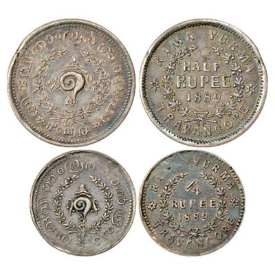 Travancore, Rama Varma VI (1885-1924 AD), AD 1889, Silver ½ Rupee and ¼ Rupee, KM 38 and 3