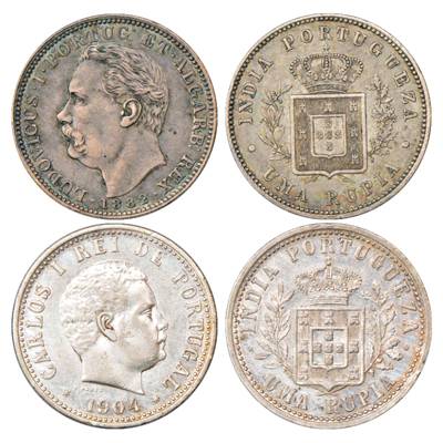 Portuguese India, Goa, Silver Rupee (2), 1 x Ludovic, 1882 and 1x Carlos, 1904, KM 312 and