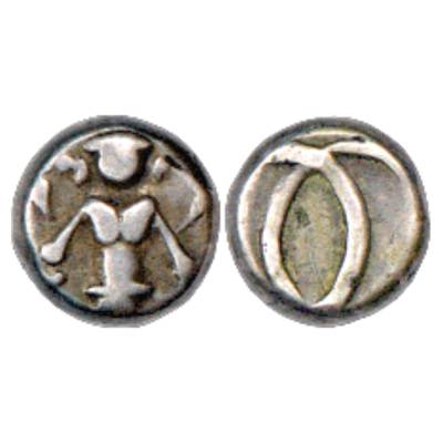 Madras Presidency, Silver 2 Fanam, ND (1764-1807 AD), 1.63g. Obv: Deity Vishnu. Rev: Witho