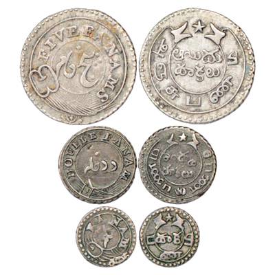 Madras Presidency, Second Issue, Set of 3 Silver Coins, 5 Fanam, 2 Fanam and Fanam ND (180