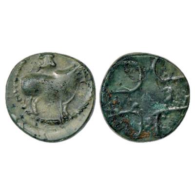 Pallavas, uninscribed 'bull' type Coin in alloyed Copper (300-400 AD), similar to Krishnam