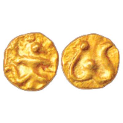 Shilaharas of Kolhapur, Gold ¼ Fanam, MCSI-I 393-396, 0.13g. Obv: Garuda running to right.