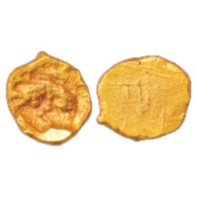 Chalukyas of Kalyana, Gold Uniface Fanam, 0.43g, a boar standing to left, caparisoned, wit
