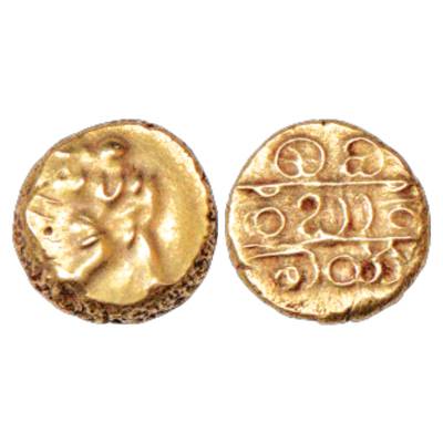 Vijayanagar Kingdom, Bukka I (1344-1377 AD), base Gold Varaha, MCSI-I no. 392, 3.36g. Obv: