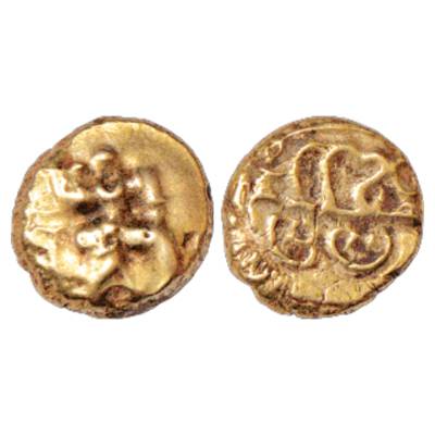 Vijayanagar Kingdom, Bukka I (1344-1377 AD), base Gold Varaha, MCSI-I no. 392, 3.35g. Obv: