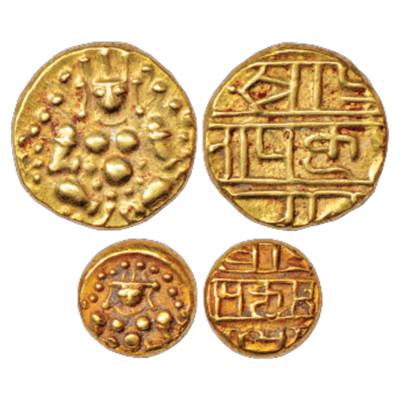 Nayakas of Chitradurga (2), Gold Pagoda, 3.34g and ½ Pagoda, 1.66g. Obv: Bal Gopal seated.