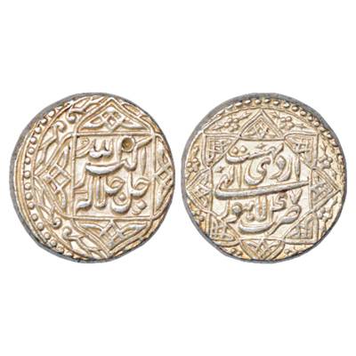 Akbar (1556-1605 AD), Silver Rupee, Lahore Mint, Ardibihist 47, legend within 4 pointed st