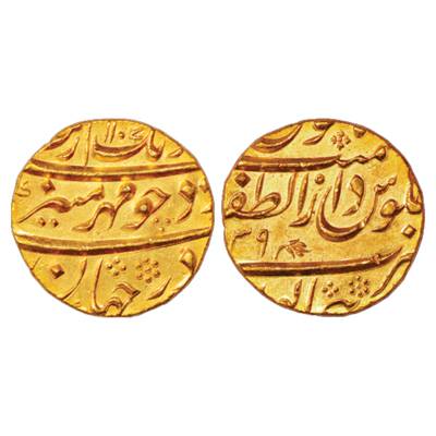 Aurangzeb (1658-1707 AD), Gold Mohur, 10.89g, Dar uz-Zafar Bijapur Mint, AH 1107/RY 39, KM