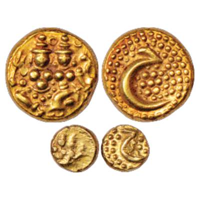 Mysore (2), Haider Ali (1761-1782 AD), Gold Pagoda 3.43g and Fanam 0.38g. Obv: Shiva-Parva