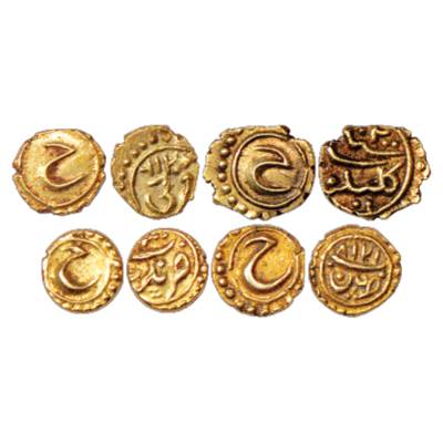 Mysore, Tipu Sultan (1787-1799 AD), Gold Fanam (4), 0.38g each, 1 x Farrukhi Mint, AM 1216