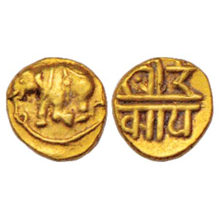 Vijayanagar Empire, Devaraya II (1423-1446 AD), Gold 1/4 Pagoda, 0.85g. Obv: Elephant walk