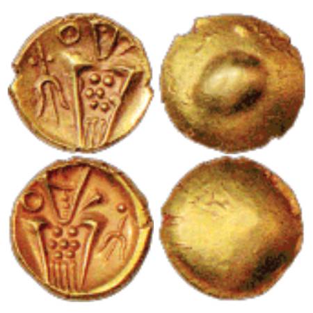 South Coromandel Coast, two Gold Fanams, copying designs of Sri Ranga Raya III (1642-1672 
