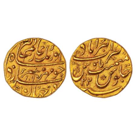 Aurangzeb (1658-1707 AD), Gold Mohur, 10.94g, Akbarabad Mint at top, AH 1090/RY 22, KM 315