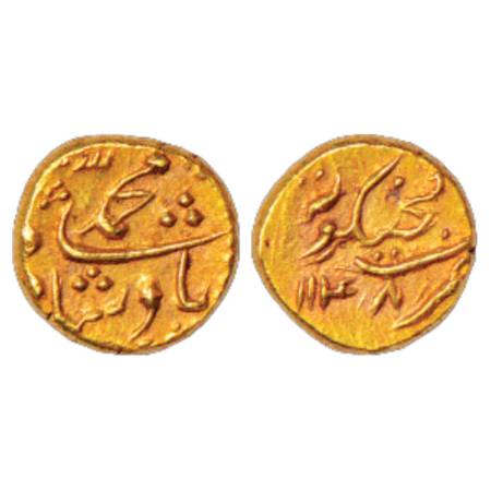 Muhammad Shah (1719-1748 AD), Gold Pagoda, 2.80g, Ganjikot Mint (fully visible), AH 1148, 