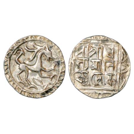 Tripura, Dhanya Manikya (1490-1526 AD), Silver Tanka, ND. Obv: Lion facing right with fish