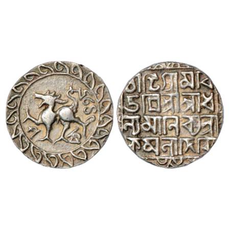 Tripura, Dhanya Manikya (1490-1526 AD), Silver Tanka, SE 1435. Obv: Lion facing left, date