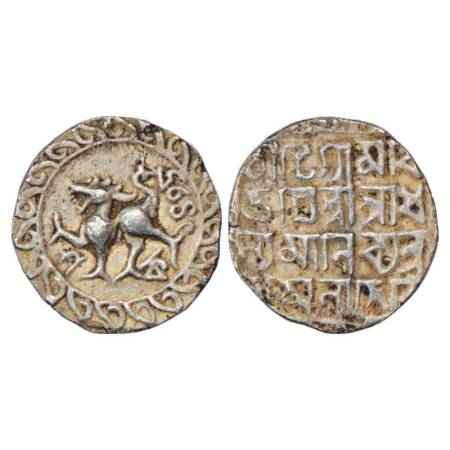Tripura, Dhanya Manikya (1490-1526 AD), Silver Tanka, SE 1435. Obv: Lion facing left, date