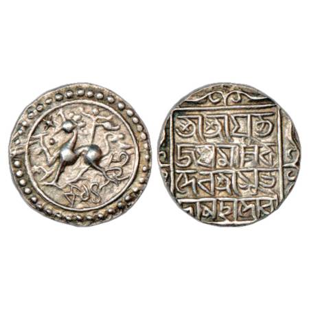 Tripura, Jaya Manikya (1573-1577 AD), Silver Tanka, SE 1495. Obv: Lion facing left, below 