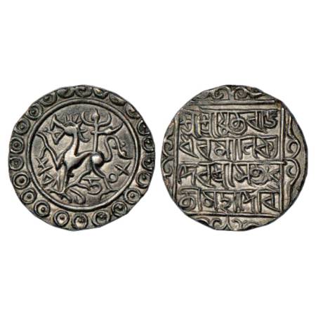 Tripura, Rajdhara Manikya (1586-1599 AD), Silver Tanka, SE 1508. Obv: Lion facing left. Re