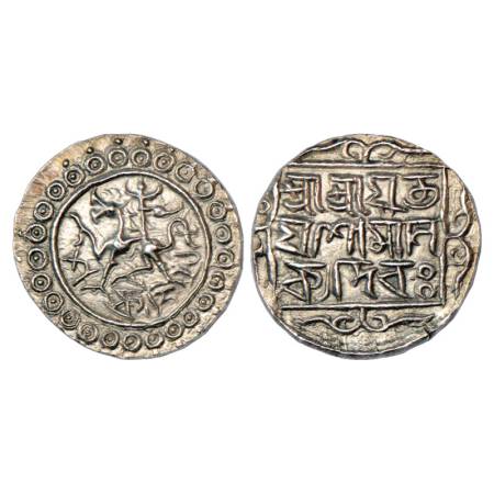 Tripura, Yaso Manikya (1st reign, 1599-1600 AD), Silver Tanka, SE 1521. Obv: Lion facing l
