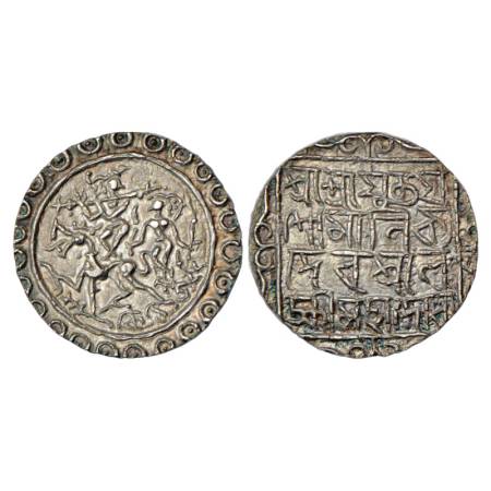 Tripura, Yaso Manikya (2nd reign, 1600-1618 AD), Silver Tanka, SE 1522. Obv: Krishna stand