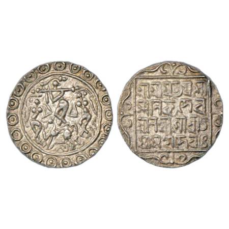 Tripura, Yaso Manikya (2nd reign, 1600-1618 AD), Silver Tanka, SE 1522. Obv: Krishna stand