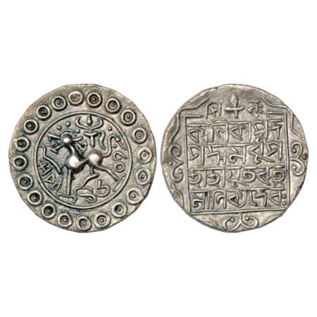 Tripura, Ratna Manikya (1685-1712 AD), Silver Tanka, SE 1607. Obv: Lion facing left. Rev: 