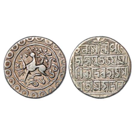 Tripura, Jaya Manikya (1739-1744 AD), Silver Tanka, SE 1661. Obv: Lion facing left. Rev: B