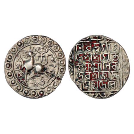 Tripura, Krishna Manikya (1760-1783 AD), Silver Tanka, SE 1582 (Sic). Obv: Lion facing lef