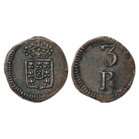 Portuguese India, Goa, D. Maria II (1834-1853 AD), Copper 3 Reis, ND, 1.79g. Obv: Crowned 