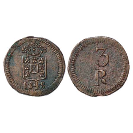 Portuguese India, Goa, D. Maria II (1834-1853 AD), Copper 3 Reis, AD 1848, 2.12g. Obv: Cro