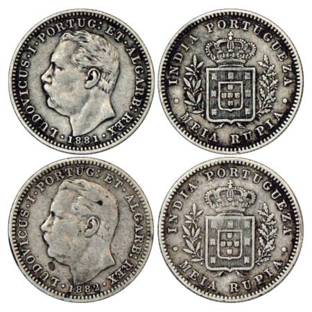 Portuguese India, Colonial Coinage, D Luiz (1881 - 1889 AD), Silver ½ Rupee (2), 1881 and 