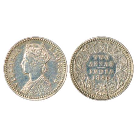 Victoria Empress, Silver 2 Annas, 1880, Calcutta Mint, B/II/'C' incused, PR 495. A small c