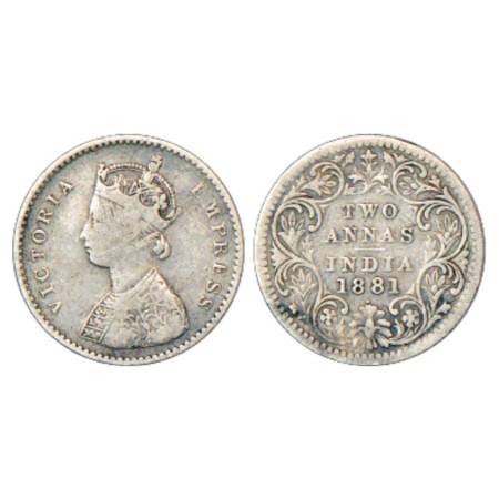 Victoria Empress, Silver 2 Annas, 1881, Bombay Mint, A/II/dot, PR 523. Very Fine, Scarce.