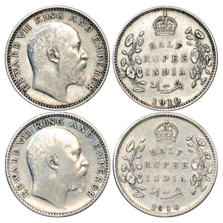 Edward VII, Silver ½ Rupee (2), 1910, Calcutta and Bombay Mint, PR 314 and PR 317. (2 Coin